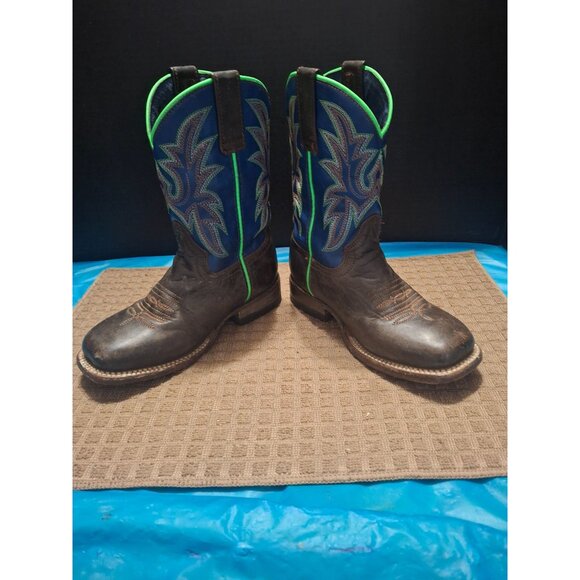 Roper Boys Western Leather Boots Size 9 Blue & Green Embroidered Handmade In Mex - Picture 3 of 9